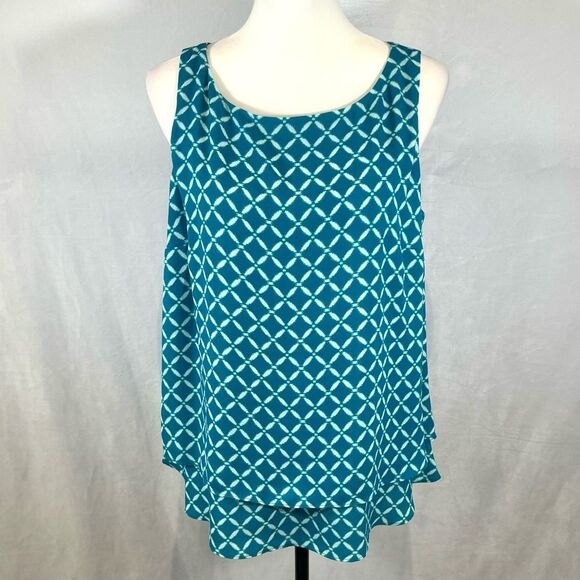 Worthington turquoise and white all over print double layer top size large - Picture 1 of 6